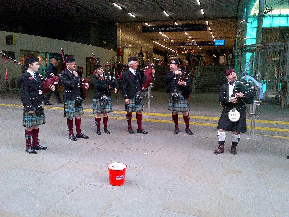 Britannia Pipe Band at London Cannon Street station: 2015 Poppy Day