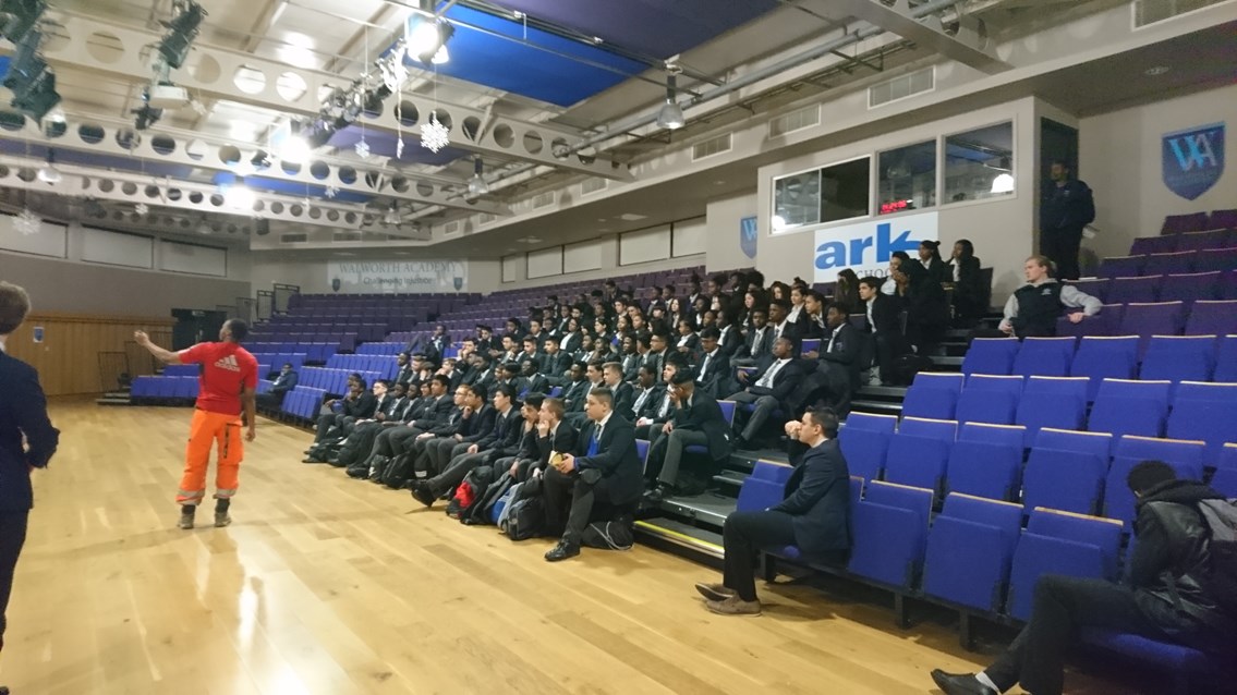 Thameslink apprentice presenting to students at Walworth Academy