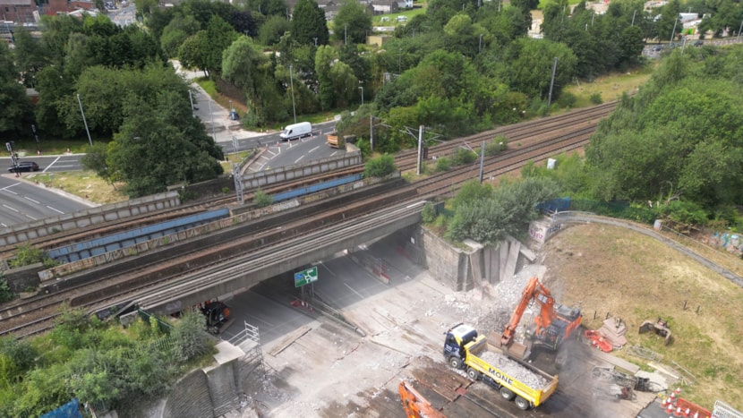 Third and final Armley Gyratory Wellington Road footbridge installation means road users need to plan ahead: Armley Gyratory Wellington footbridge during demolition 3