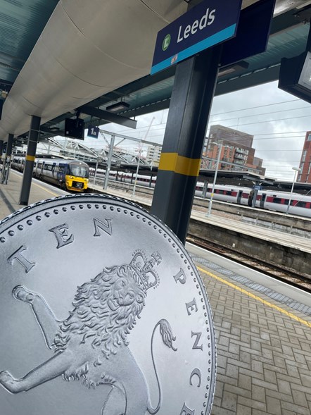 Image shows 10p promo coin at Leeds station