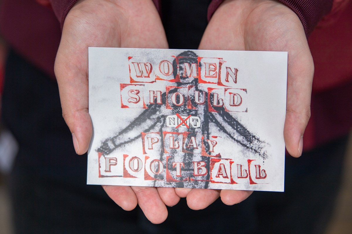 A postcard from a series of six postcards designed by young people in Lancashire to celebrate the achievements of the Dick, Kerr Ladies and give some context in which the team emerged