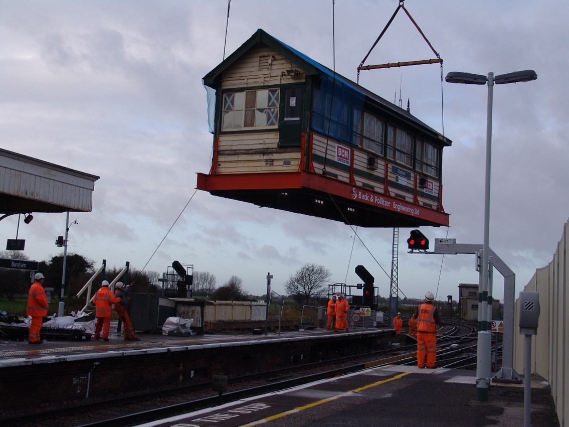 Barnham Signal Box - The Lift: The historic Barnham signal box is lifted onto a low-loader before making the 1.8mile journey to its new home where it will become a community centre.