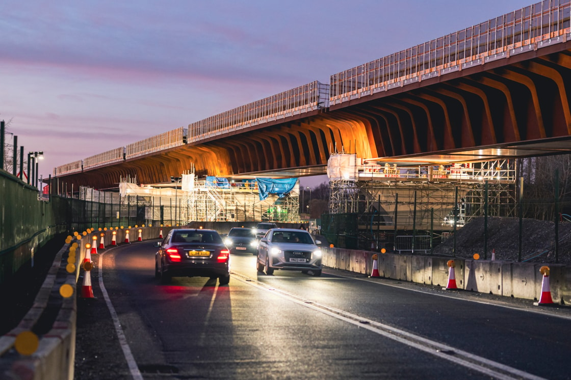 The A413 open to traffic after the Small Dean viaduct deck slide Feb 2025: Image courtesy SAP Photographie for Eiffage Métal.