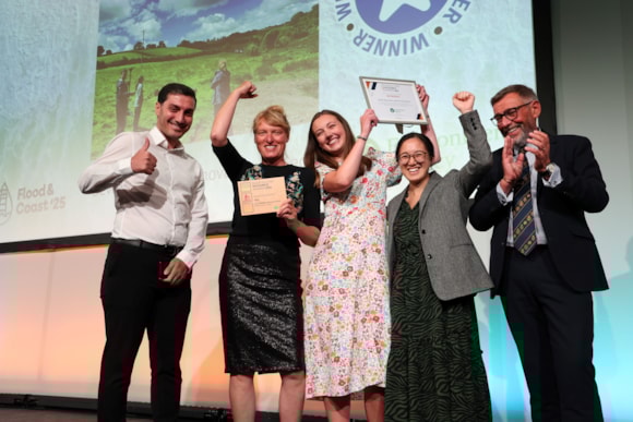 National award for Devon Resilience Innovation Project: Partners involved in DRIP collecting their Flood and Coast Excellence Award