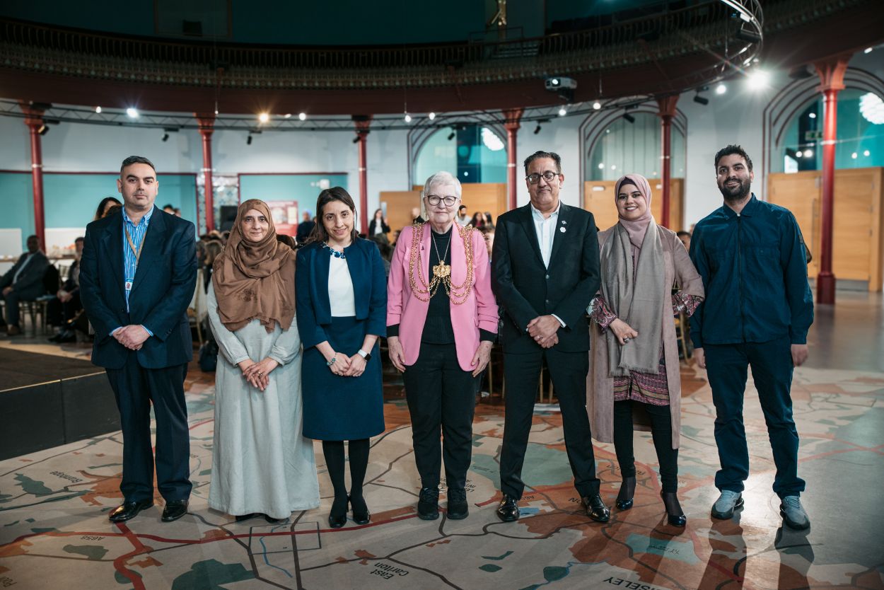 Muslims in the North: Contributors to the new Muslims in the North display at Leeds City Museum along with Lord Mayor of Leeds Cllr Al Garthwaite. Credit Connor Bainbridge.