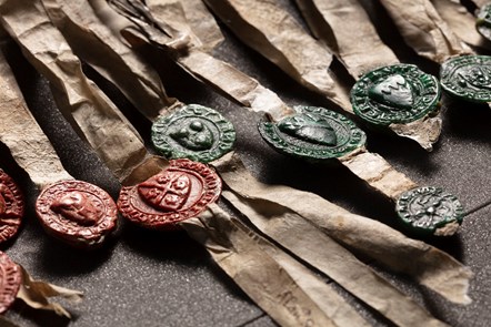 Detail of seals from the Declaration of Arbroath credit Mike Brooks © King's Printer for Scotland, National Records of Scotland, SP13-7-2