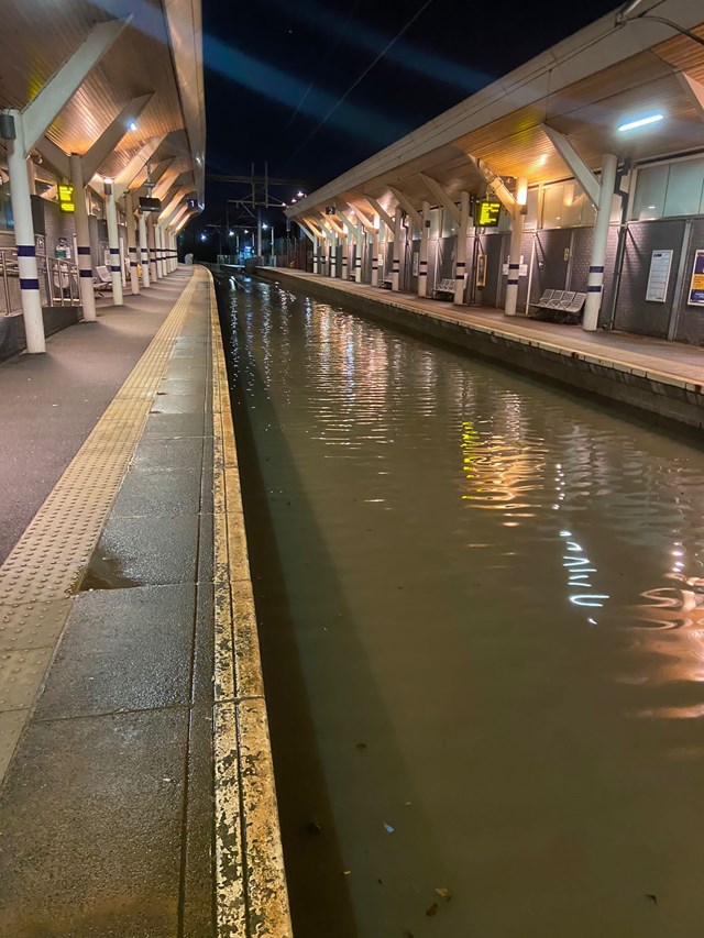 Severe flooding closes parts of railway across Yorkshire as Storm Franklin strikes: Rotherham Central station on Monday 21 Feb 2022