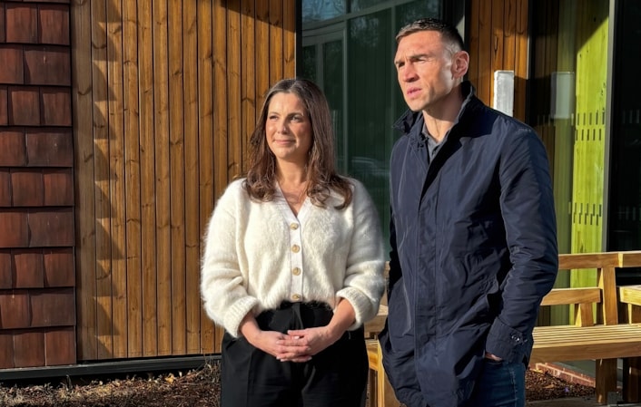 Kevin Sinfield with Lindsey Burrow High res (credit Leeds Hospitals Charity): Kevin Sinfield with Lindsey Burrow outsideThe Rob Burrow Centre for Motor Neurone Disease in Leeds (High res version credit Leeds Hospitals Charity)