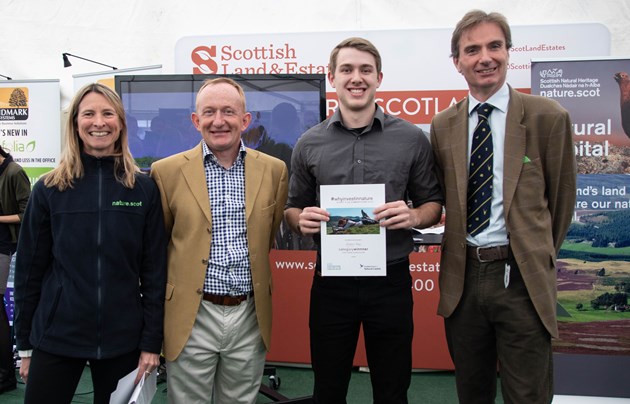 Pictured left to right at the Royal Highland Show are SNH Chief Executive Francesca Osowska, SNH Chair Mike Cantlay, Overall competition winner Gregory Vaux and SLE Chairman David Johnstone