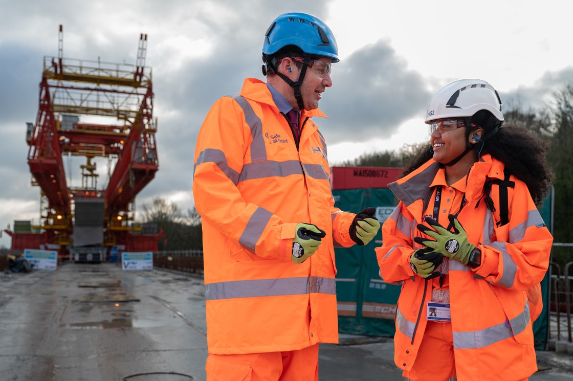 HS2 minister, Huw Merriman, walks on top of the high speed railway’s first and longest viaduct-9: L-R: Huw Merriman MP, Minister for Rail, Mahder, Apprentice at Align JV