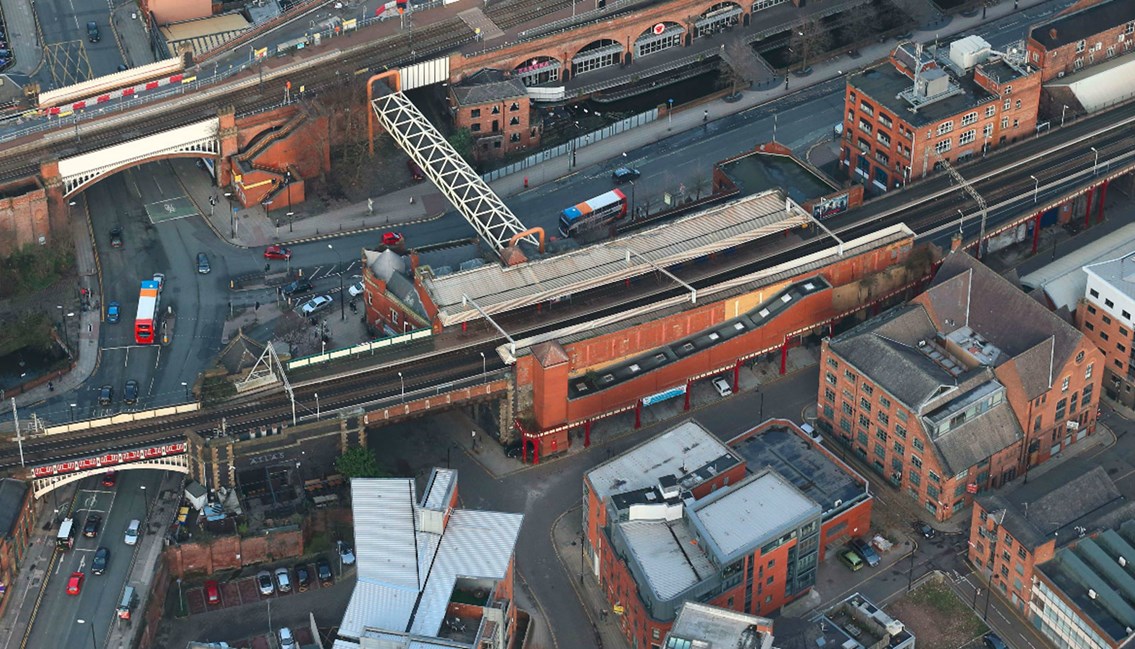 Major railway bridge in Manchester city centre to be restored: Aerial image of Deansgate bridge in Manchester