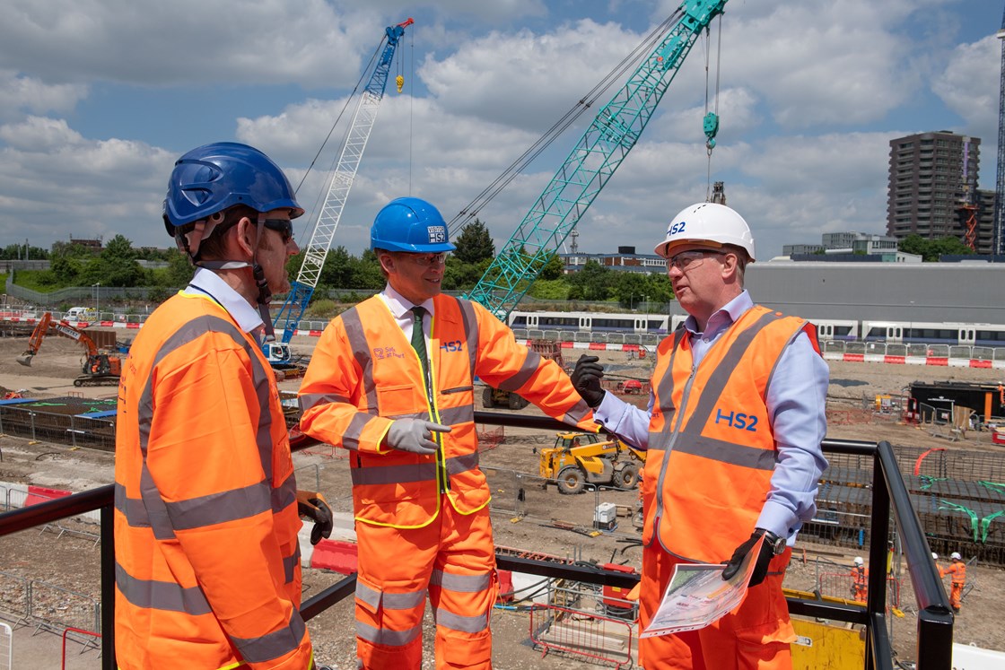 Old Oak Common start of construction works: Transport Secretary Grant Shapps MP meets Mark Thurston and Matthew Botelle before signaling the start of permanent construction on HS2's Old Oak Common station