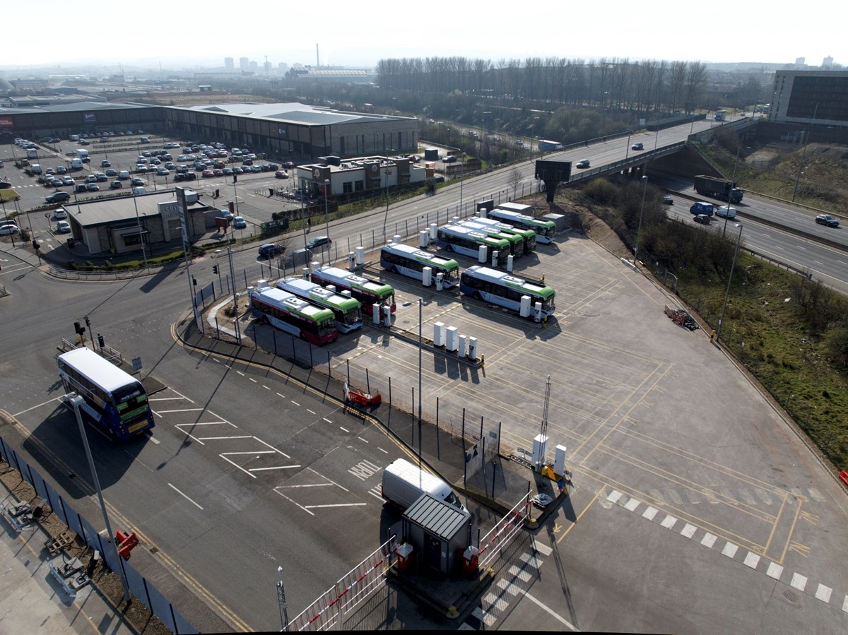 Aerial view of new rapid EV charging facility at First Bus Glasgow Caledonia depot