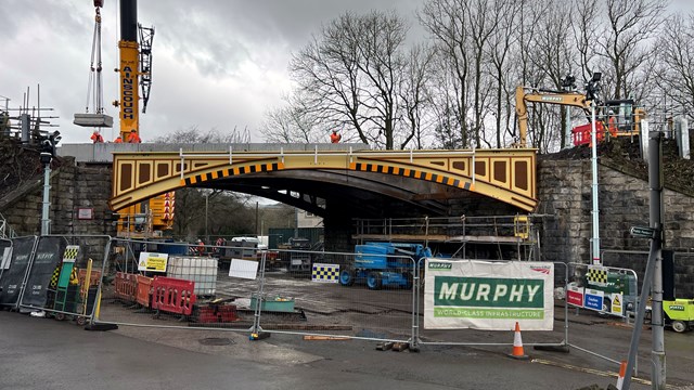 Shot of new steels in place at Buxton Road bridge in Whaley Bridge Friday 24 Feb 23: Shot of new steels in place at Buxton Road bridge in Whaley Bridge Friday 24 Feb 23