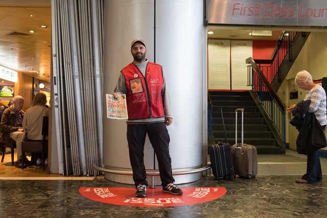 Big Issue vendor pitch: UK's first permanent Big Issue vendor pitch inside a station.  Pictured: David Manso, Big Issue Vendor