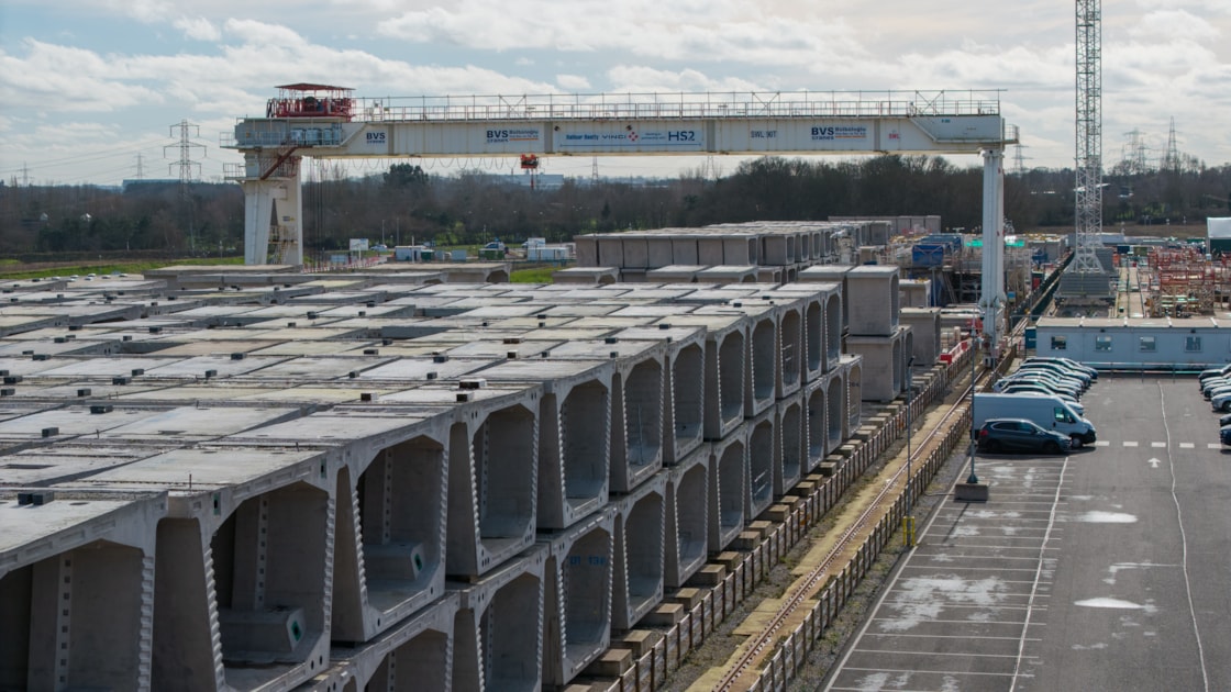Completed viaduct segments stockpiled at Kingsbury Feb 2026