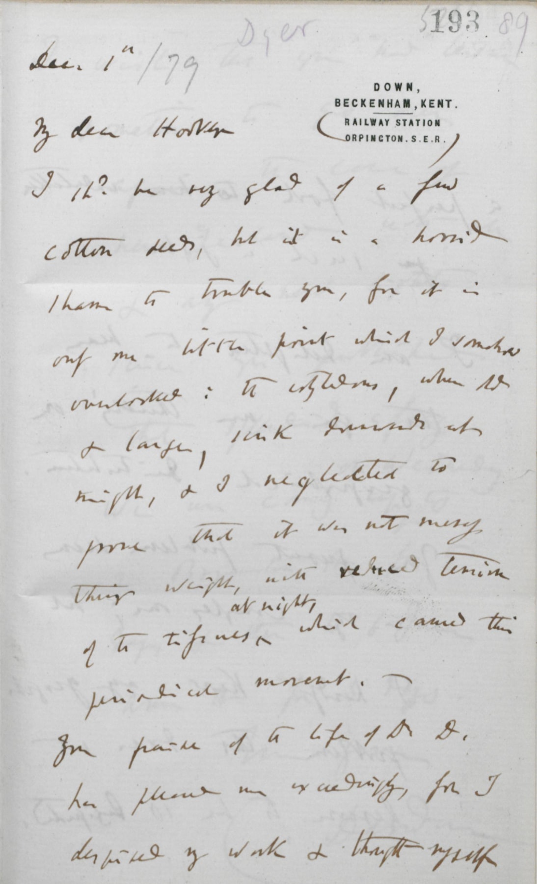Image 7.1 Letter from Charles Darwin to Joseph Dalton Hooker, 1 December (1879) regarding the movement of cotton plant cotyledons