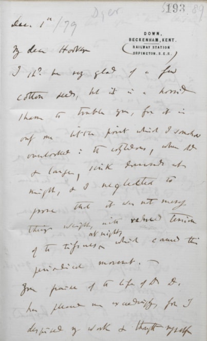 Image 7.1 Letter from Charles Darwin to Joseph Dalton Hooker, 1 December (1879) regarding the movement of cotton plant cotyledons