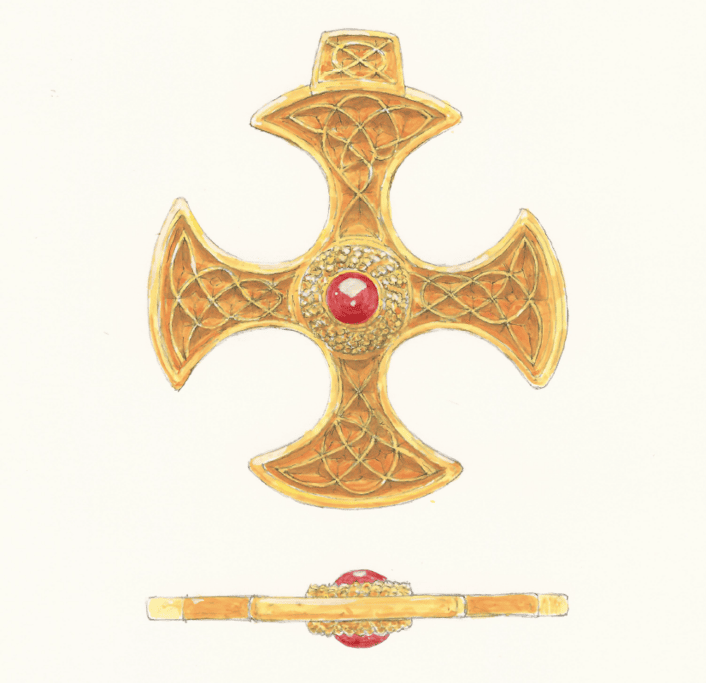 Saxon cross display: Newly created drawings, penned by archaeological illustrator John Prudhoe, show how the complete cross could have looked with its thin layer of gold leaf shining and a beautiful central garnet.
Credit John Prudhoe.