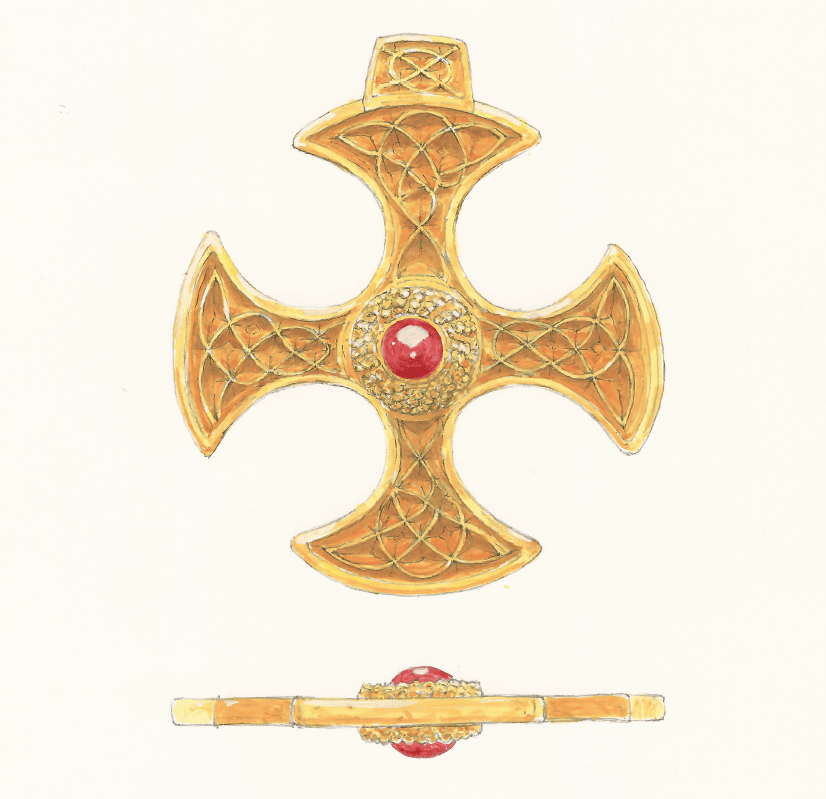 Saxon cross display: Newly created drawings, penned by archaeological illustrator John Prudhoe, show how the complete cross could have looked with its thin layer of gold leaf shining and a beautiful central garnet.
Credit John Prudhoe.