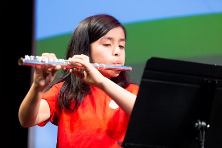 Music Education Islington flute ensemble member Raymi Saldana Rojas performs at the Transforming Young Lives event at Kings Place.