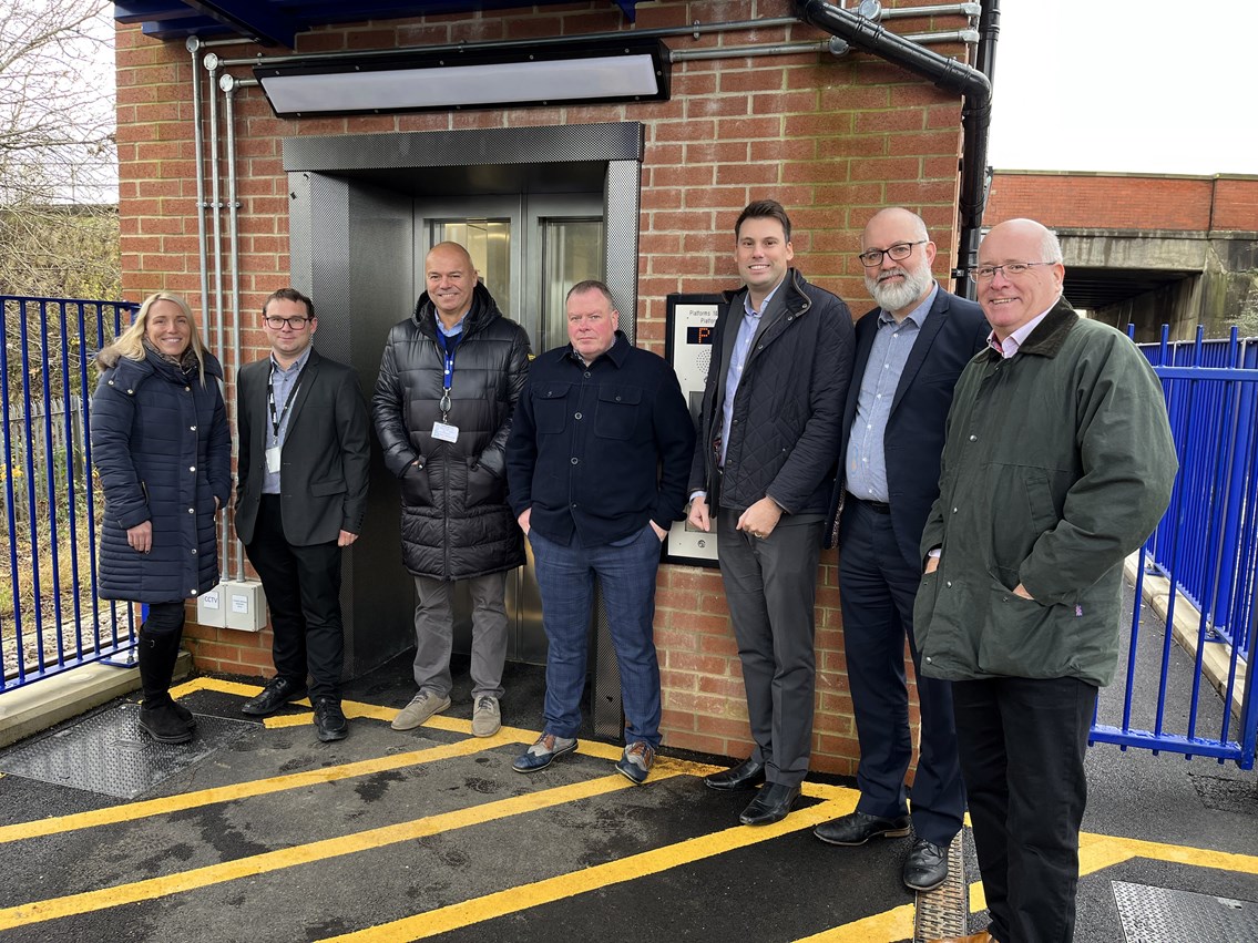 Rail industry partners by one of the new Billingham station lifts, Network Rail