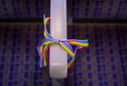 Rainbow ribbon tied on seat: Rainbow ribbon tied on seat