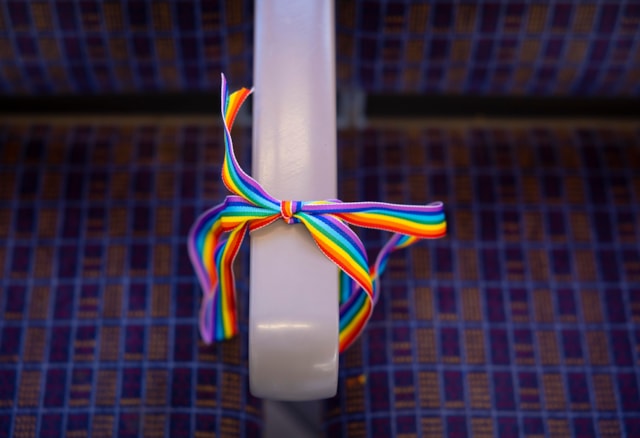 Rainbow ribbon tied on seat
