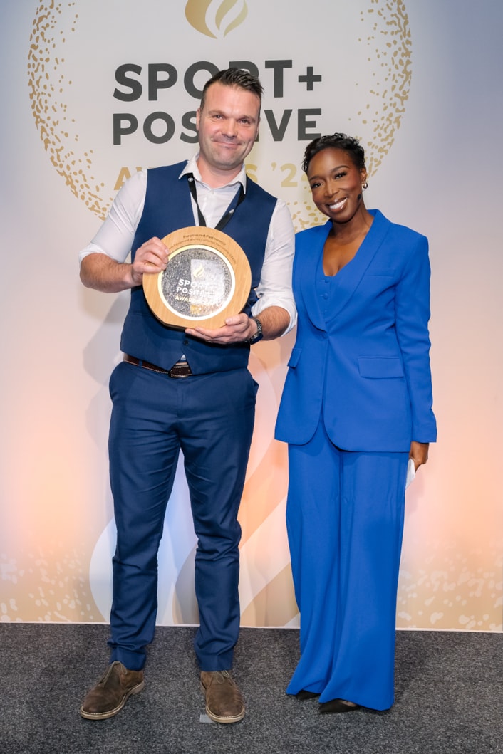 Sport Positive Awards 2024 - Glenn Holdsworth -Yorkshire Sport Foundation-2: Development Manager of Yorkshire Sport Foundation Glenn Holdsworth at the Sport Positive Awards 2024 with event host Jeanette Kwakye MBE (image credit Sport Positive Awards/Capturise)