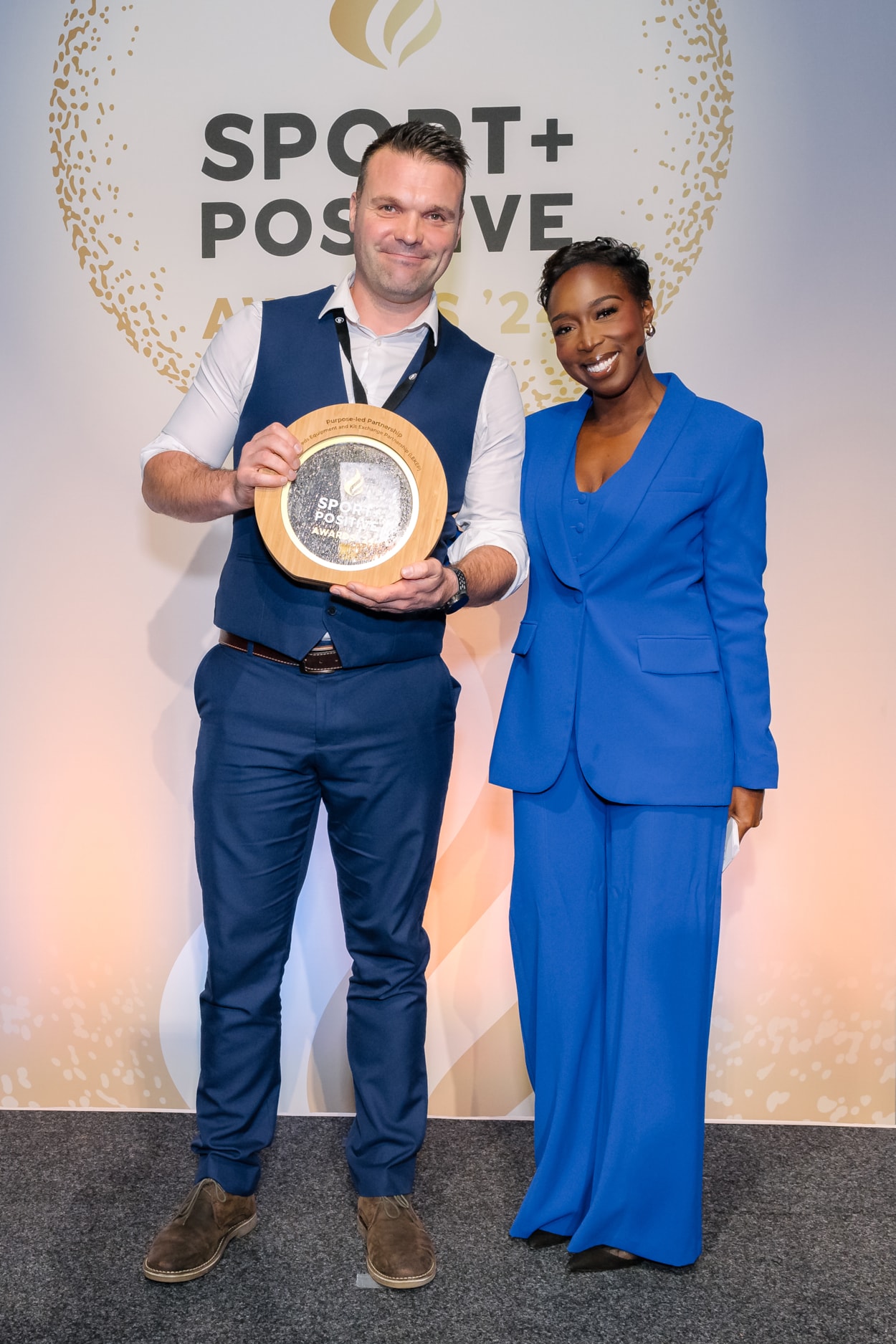 Sport Positive Awards 2024 - Glenn Holdsworth -Yorkshire Sport Foundation-2: Development Manager of Yorkshire Sport Foundation Glenn Holdsworth at the Sport Positive Awards 2024 with event host Jeanette Kwakye MBE (image credit Sport Positive Awards/Capturise)