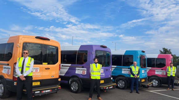 Pictured with four of Lancashire County Council's newly arrived batch of SEND minibuses from left to right are CC Warren Goldsworthy, cabinet member for Highways and Transport, CC Matthew Salter, cabinet member for Education and Skills, Andrew Varley, LCC's head of service for Public and Integrated Transport and Matthew Walker, service development manager of Public and Integrated Transport.-2