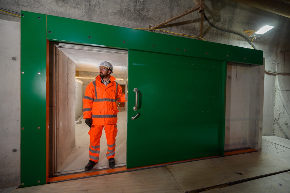 20260427 Qasir Raza, HS2 Head of Rail Systems Delivery, during the test fitting of a cross passage door Chiltern Tunnel-18