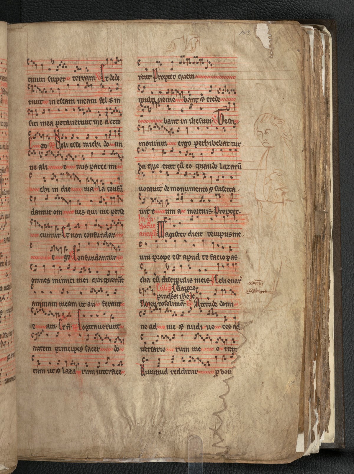 Many medieval manuscripts have drawings in the margins, which were added by others after the volume was finished. The Herdmanstoun Breviary, used in Scotland and written ca. 1300, has drawings and doodles of great historical interest. They are rich in period detail and can be dated to 14th-century S