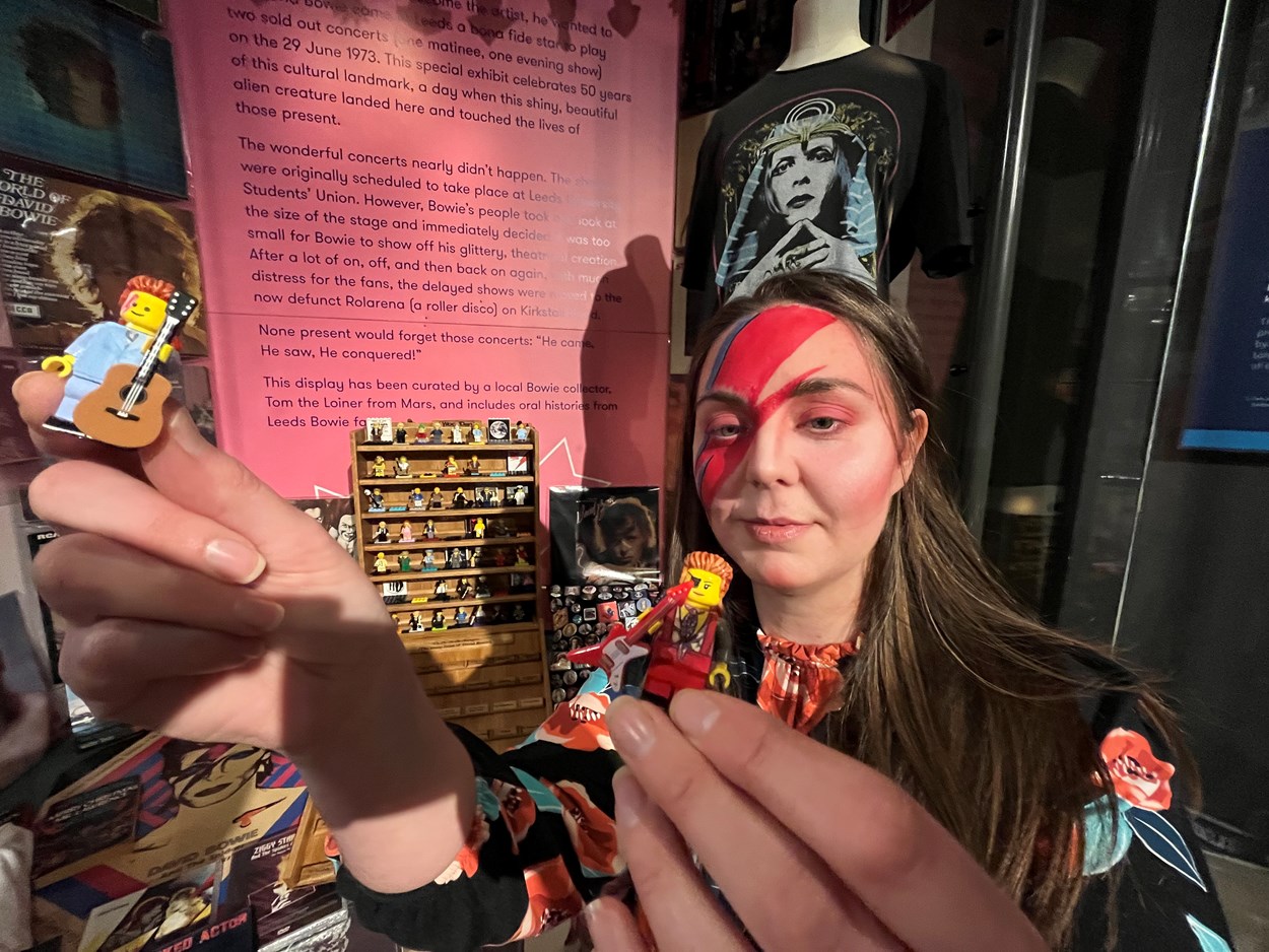 Bowie display at Leeds City Museum: Sapphia Cunningham-Tate, Leeds Museums and Galleries assistant community curator with specially created Lego figurines, each one capturing in minute detail one of the many changing faces adopted by the iconic singer, songwriter and actor David Bowie.