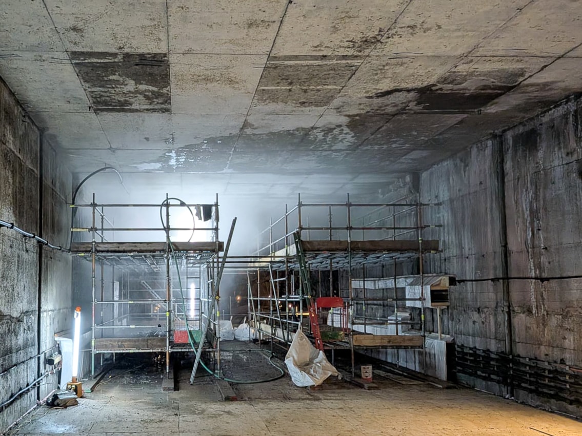 Wide shot of Central Tunnel with scaffolding inside