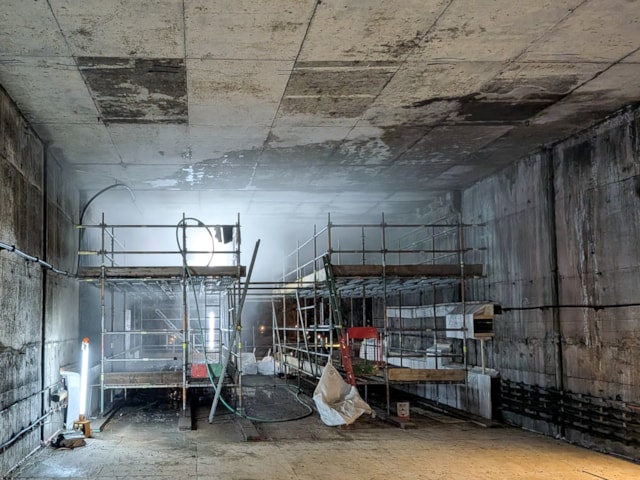 Wide shot of Central Tunnel with scaffolding inside: Wide shot of Central Tunnel with scaffolding inside