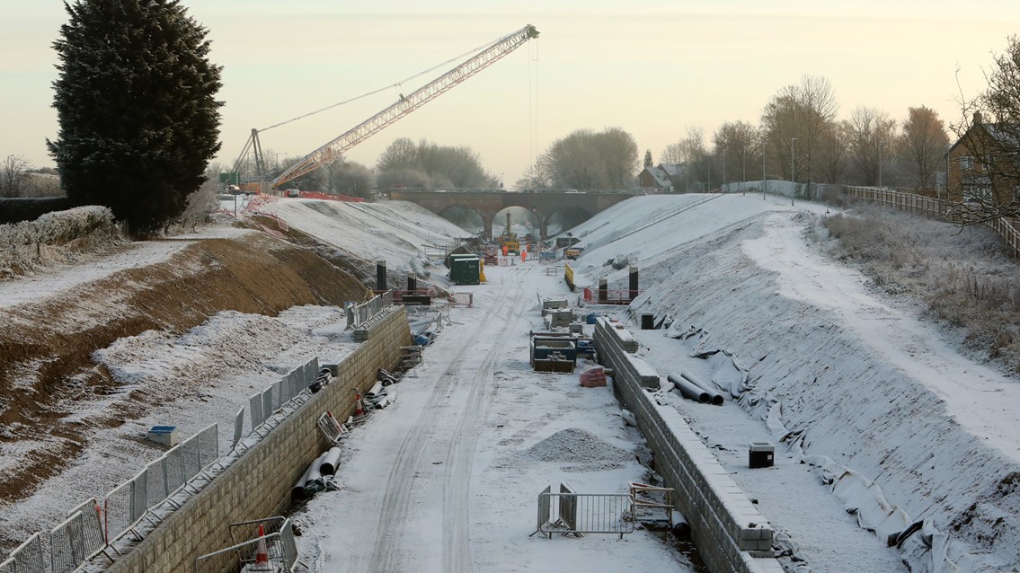 East West Rail building for the future at Winslow: Platform foundations being laid in the snow at Winslow station as part of the East West Rail project