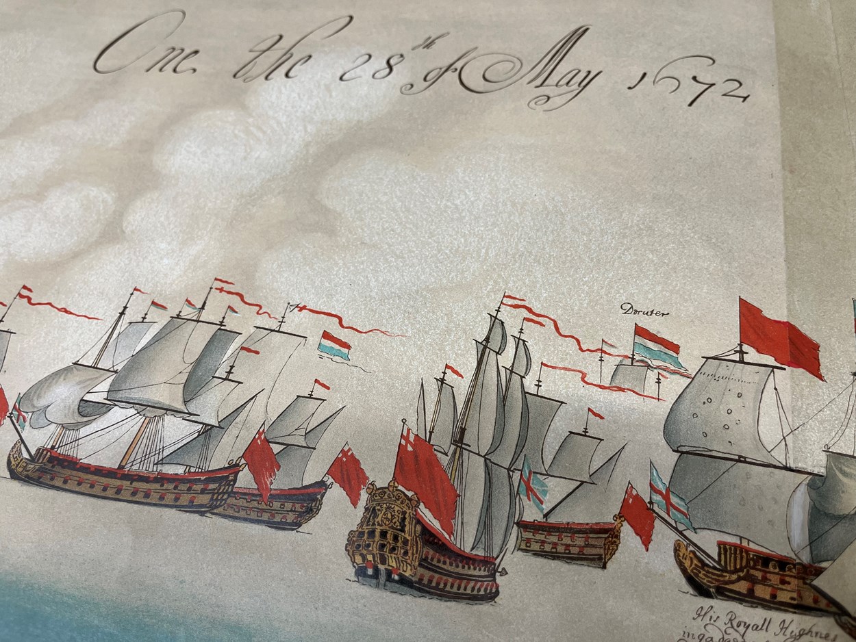 Leeds Central Library's naval battle: Sections of the step-by-step, illustrated account of the battles of Solebay and Texel which took place in the 1670s. Estimated to be more than 50 feet in length, the document itself dates from around 1908 and is among a collection of more than 3,000 books, pamphlets and periodicals donated by noted Leeds aristocrat, diplomat and naval history buff Sir Alvary Gascoigne.