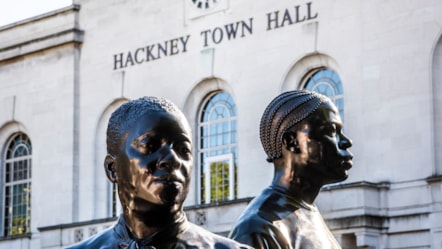Windrush sculptures outside Hackney Town Hall