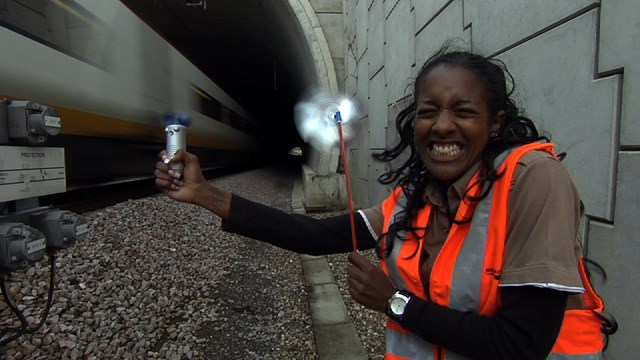 High Speed 1 Safety DVD - Wind Test: Demonstration of the wind turbulence created by high speed trains, which can travel at up to 200mph