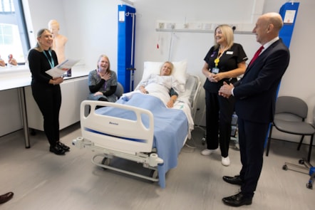 Visiting the University of Cumbria Barrow campus, Secretary of State for Defence, the Rt Hon John Healey MP, (right) meets staff in the clinical skills lab that is utilised by student nurses 
22 September 2025
CREDIT: MOD Crown Copyright