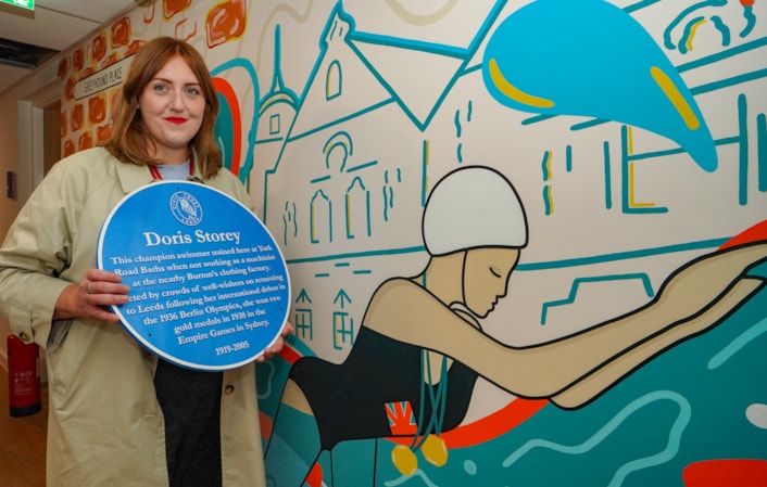 Mural 1: Councillor Jess Lennox, Leeds City Council’s executive member for housing, at Doris Storey House.