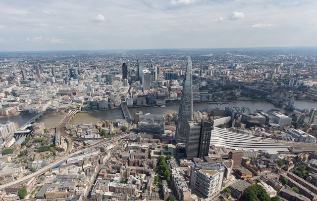 aerial- London Bridge and Cannon St: London Bridge station is not far from Cannon Street station, middle left. Borough Market and the complex railway around it can be see just below Cannon Street, south of the Thames
