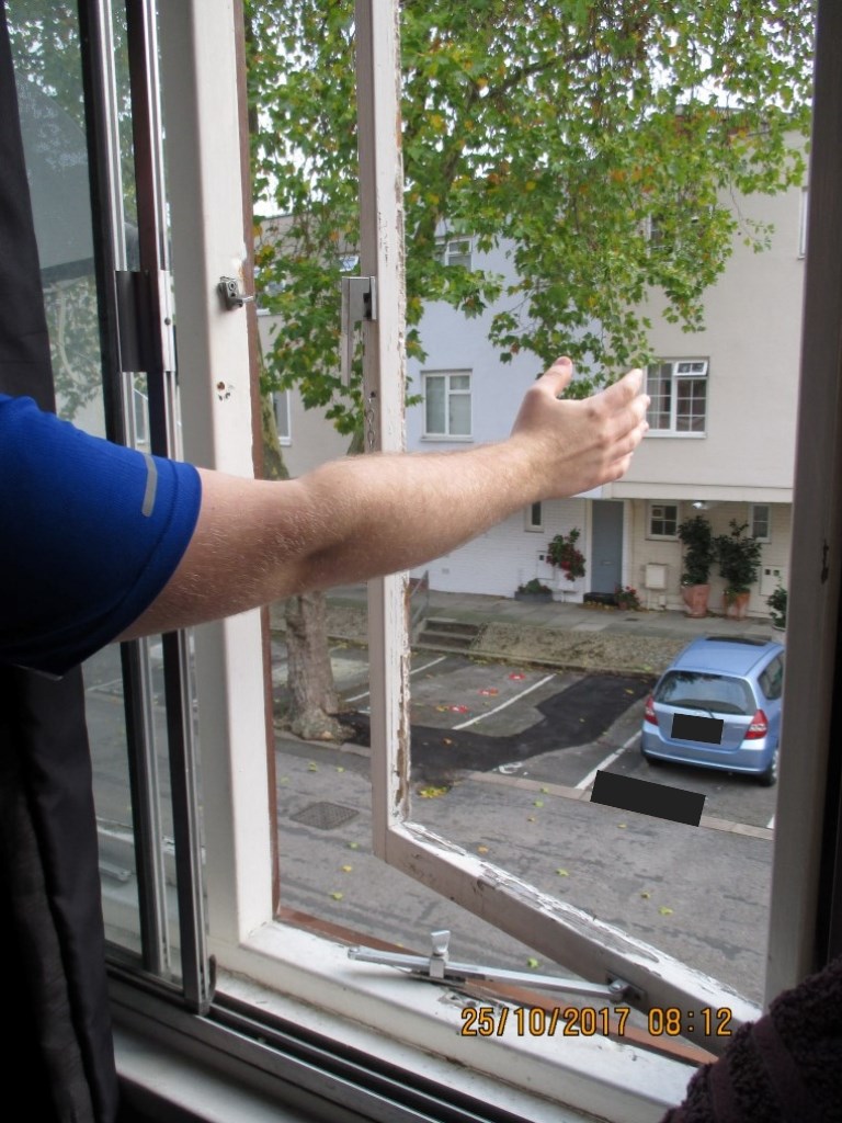 Missing window pane to bedroom window, 28 Penderyn Way, N7