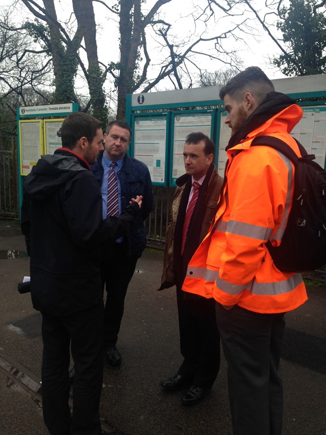 Wales Office Minister Alun Cairns with Dale Crutcher and Rhys Howells from Network Rail and Adrian Carrington from Arriva Trains Wales discussing how Access for All projects will improve accessibility for passengers.: Wales Office Minister Alun Cairns with Dale Crutcher and Rhys Howells from Network Rail and Adrian Carrington from Arriva Trains Wales discussing how Access for All projects will improve accessibility for passengers.