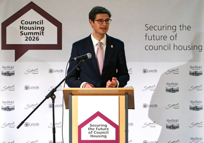 Housing summit 4: Councillor Tom Hunt, leader of Sheffield City Council, speaking at 2026's Securing the Future of Council Housing Summit in Leeds.