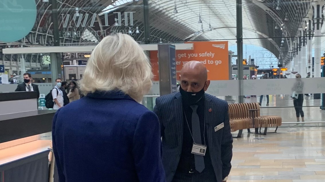 Network Rail's Paddington station manager Haji Mustaq with the Duchess of Cornwall