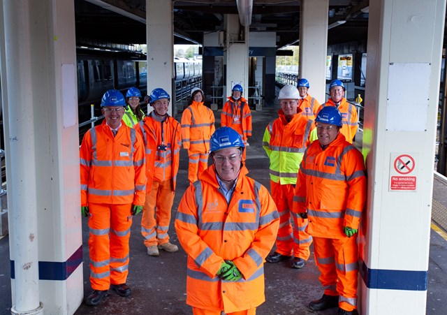 Gatwick airport station works group shot: MP for Crawley Henry Smith on a site tour of Gatwick Airport's closed platforms 5 + 6 with guests including Martin Harris from Coast to Capital LEP (right), Gatwick Airport chief commercial officer Jonathan Pollard (centre right) and Network Rail Southern Region's investment director  Paul Harwood (left).