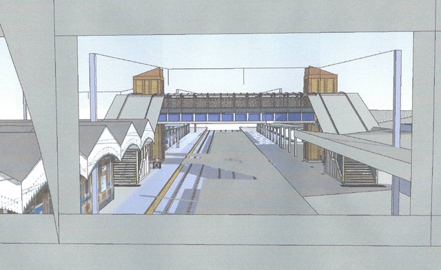 New footbridge and lifts at Ipswich (1): A view of the new footbridge and lifts from the existing footbridge at Ipswich station