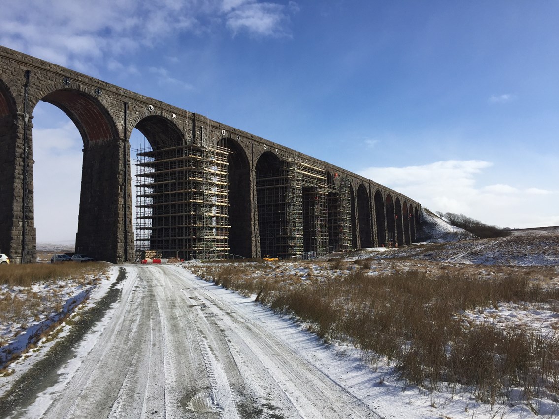 Ribblehead viaduct from valley floor in the snow - Feb 2021